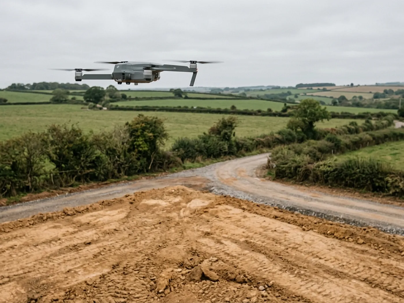 A drone hovering low over the corner of a graded construction platform in Devon, with hedge boundaries and a haul route behind it