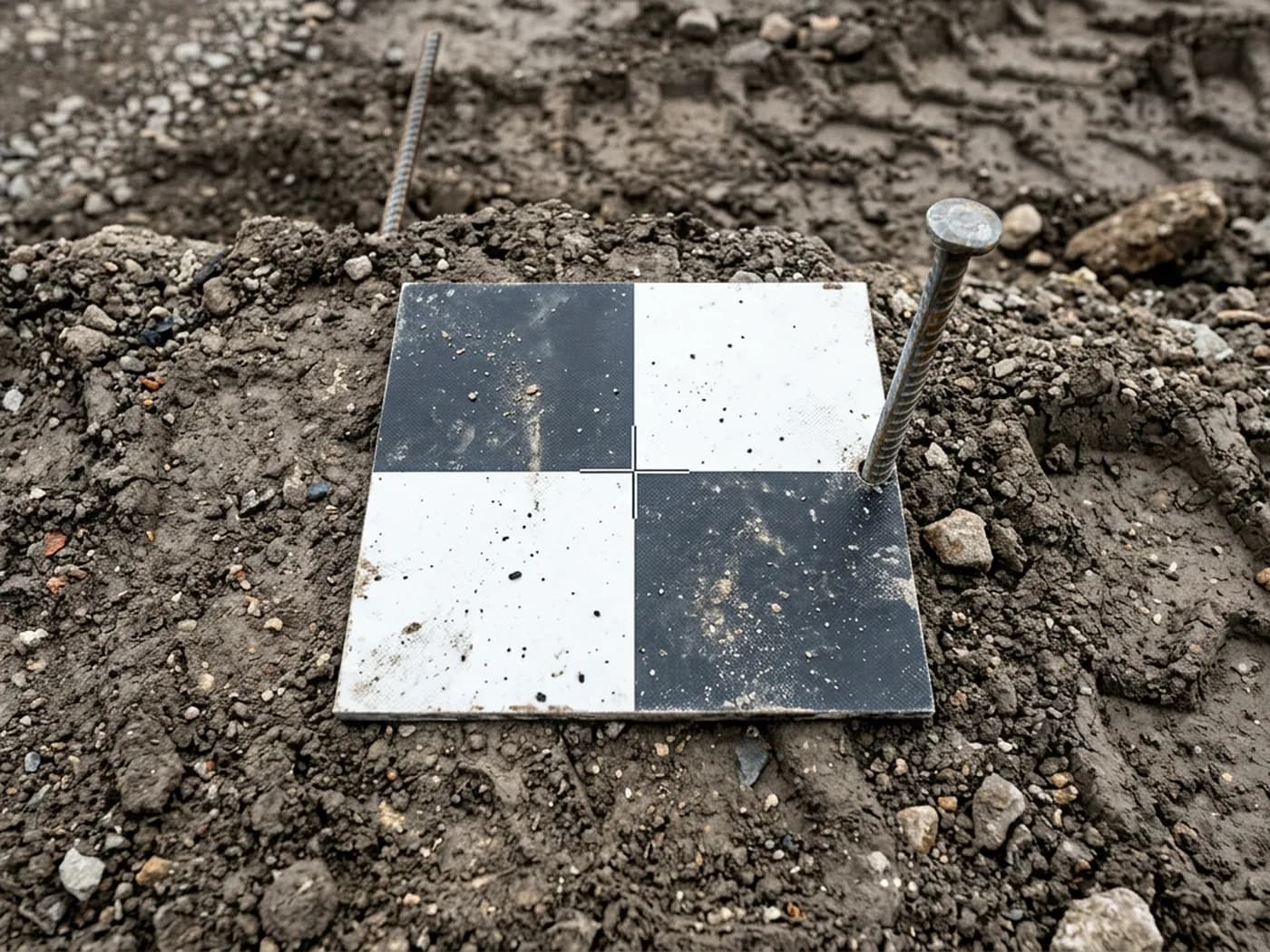 A black and white chequerboard survey ground control target pegged flat onto bare earth at a construction site, with a steel peg beside it