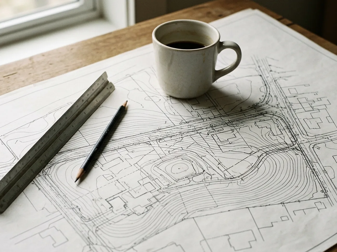 A printed site plan laid out on a wooden desk in daylight, contour lines and plot outlines drawn across it, with a triangular scale rule, a pencil and a mug on top of the sheet