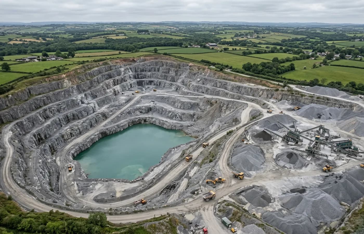 An aerial view of a working quarry face and processing area in the South West, with benched extraction levels and stockpiled material
