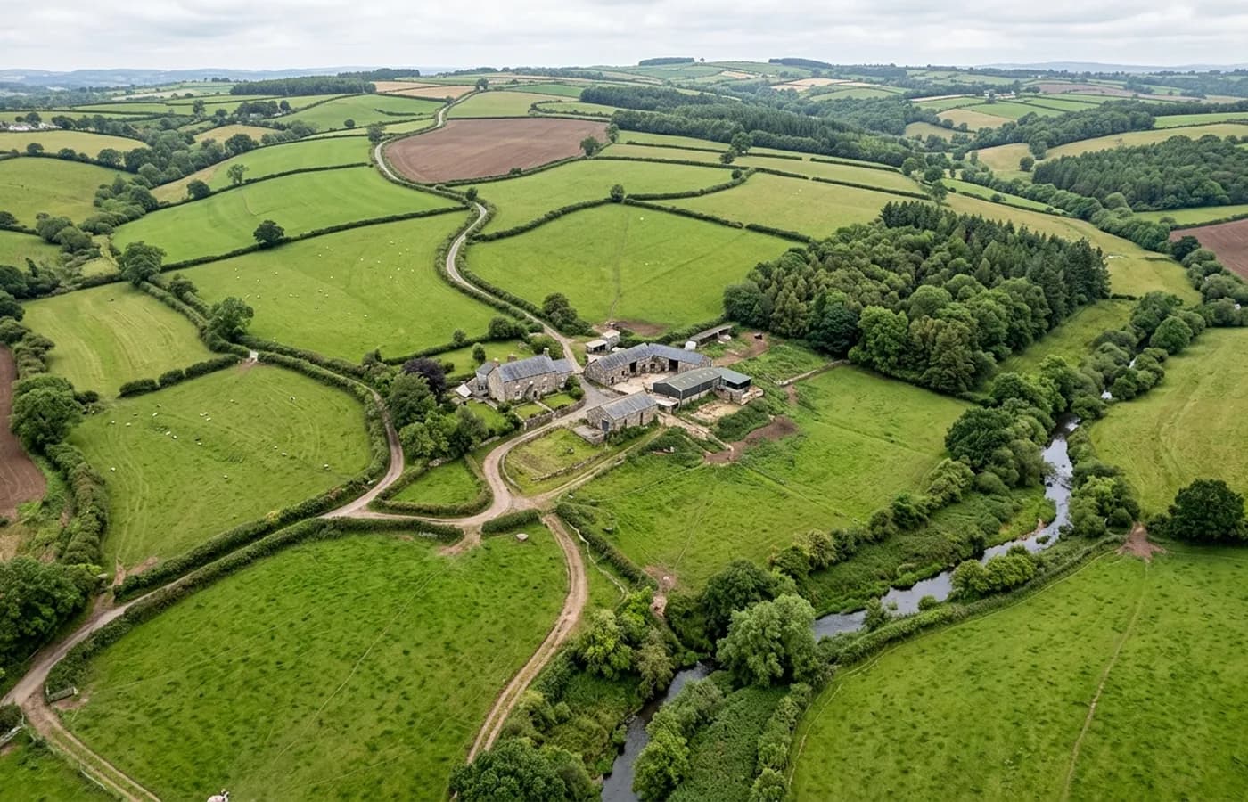An aerial view of Devon farmland and a large rural estate, field boundaries, hedge banks, tracks and woodland blocks laid out below