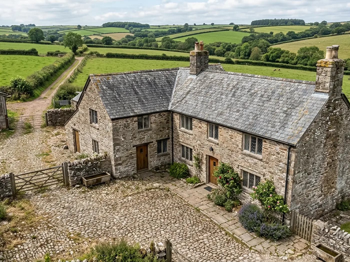 An angled aerial view of a stone farm building and its yard from the air, the kind of oblique capture a three dimensional site model is built from