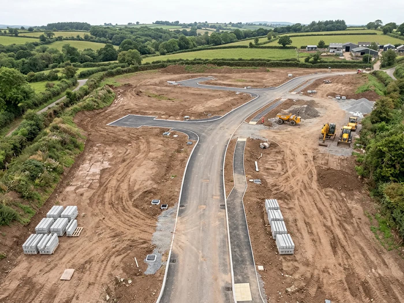 A straight down aerial view of a development site showing new road formation, plot boundaries and existing hedge lines, the kind of view an orthomosaic is built from