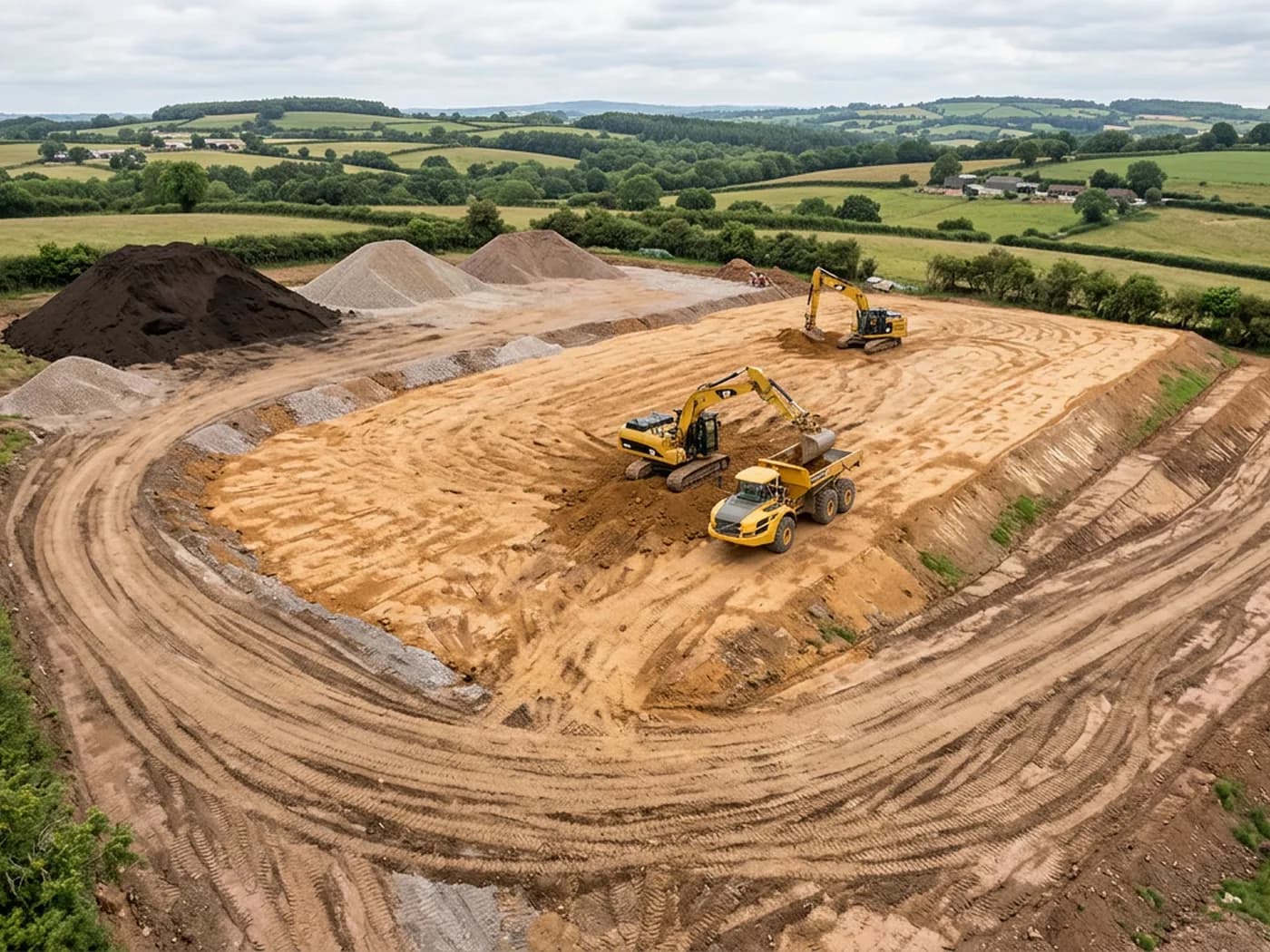 An aerial view of a graded construction platform with soil stockpiles, benched levels and haul routes, the kind of site earthworks volumes are taken from