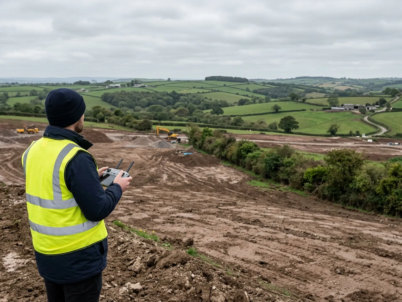 A drone pilot standing at the edge of a development site in Devon with a controller, seen from behind, with graded ground and hedge boundaries beyond